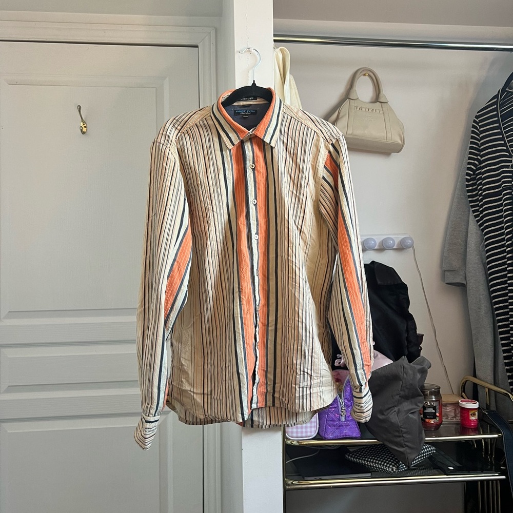 Striped Button-Up Shirt with Orange Accents